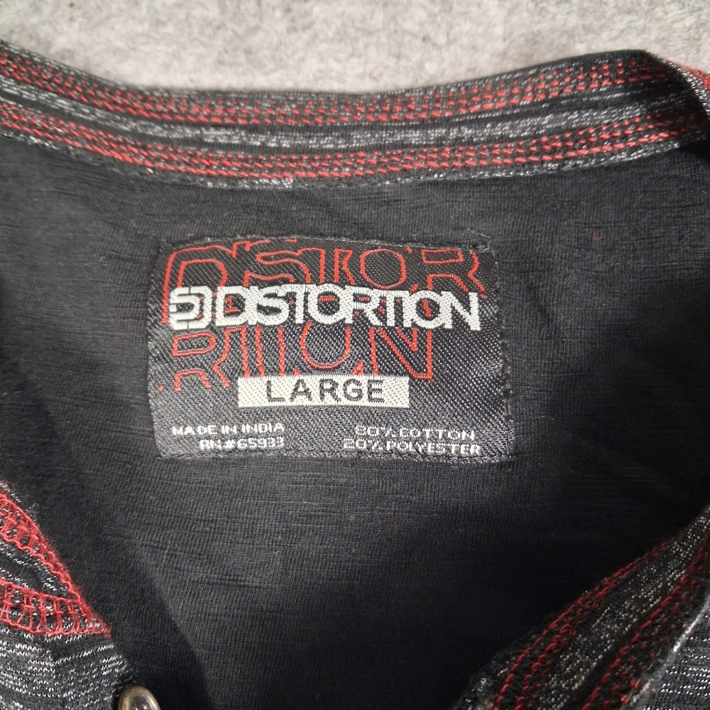 Distortion Henley Shirt Men Large Black Striped Long Sleeve Red Stitching Pocket - Picture 3 of 7